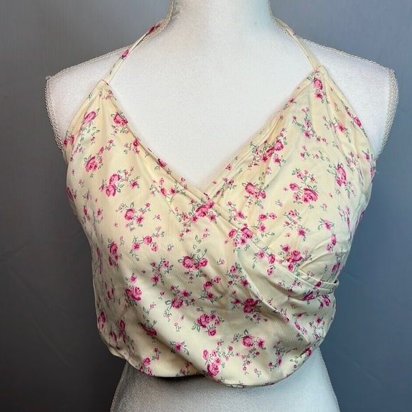 NWOT ZARA Satin floral Halter Open Back Ivory/Pink Top Size - Picture 1 of 5